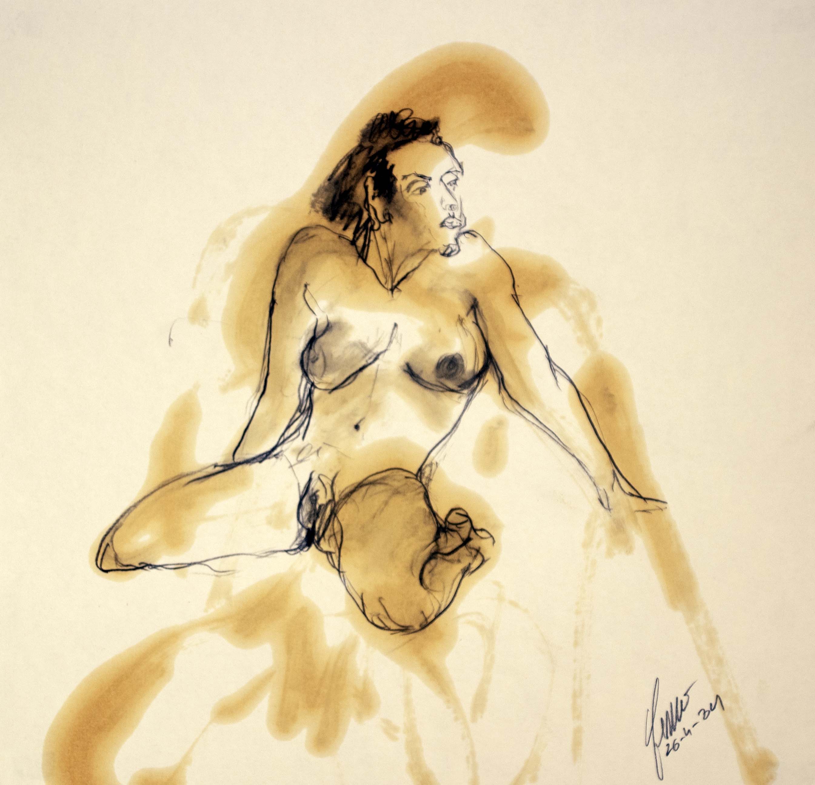 Dona asseguda 2 — Grafit i oli de llinosa sobre paper